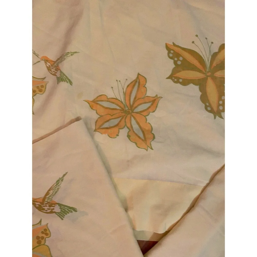 Vintage 70s Yellow Hummingbird Butterfly Flat Sheet and Pillowcase Set 3 Piece